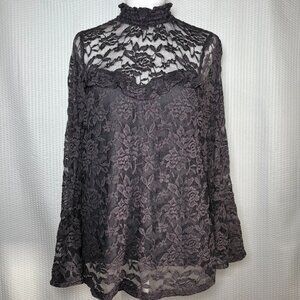 Lily White Victorian Semi-Sheer Floral Lace Blouse Women's Gray XL High Neckline